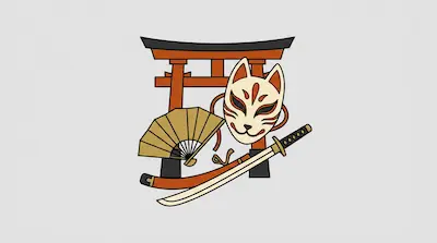 Flat illustration of a Japanese torii gate, a kitsune fox mask, a katana sword, and a folding fan on a gray background