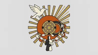 Flat illustration of a praying figure, a white bird, and a golden sunburst with circular patterns on a gray background