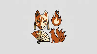 Flat illustration of a kitsune mask, a nine-tailed fox silhouette, a flame, and a folding fan on a gray background