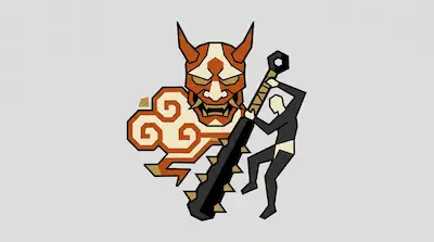 Flat illustration of a red oni mask, a stylized cloud, and a human figure wielding a large spiked club on a gray background