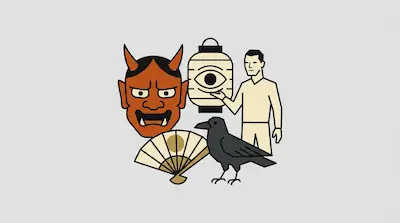 Flat illustration of a red demon mask, a paper lantern with an eye, a black crow, and a man on a gray background