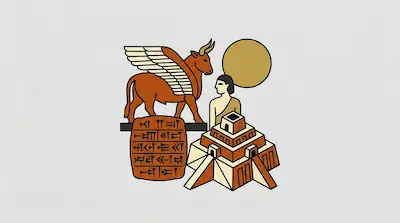 Flat illustration of a winged bull, a cuneiform tablet, and a ziggurat temple on a light gray background
