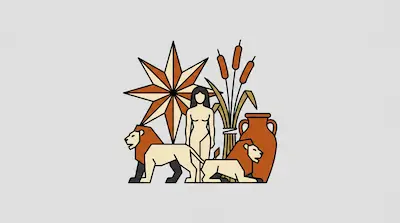 Flat illustration of a woman standing between two lions, a large star, and a clay vase on a light grey background