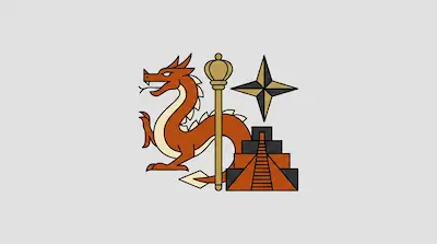 Flat illustration of an orange dragon, a golden scepter, a four-pointed star, and a stepped pyramid on a gray background