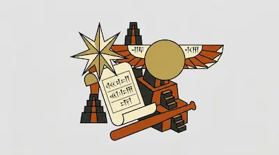 Flat illustration of Mesopotamian symbols including a ziggurat, a cuneiform scroll, and a winged sun on a gray background