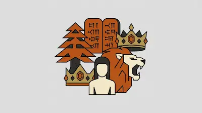 Flat illustration of a man, a roaring lion, a cedar tree, stone tablets, and crowns on a light gray background