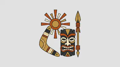 Flat illustration of a tribal mask, a patterned boomerang, a spear, and a sun symbol on a light gray background