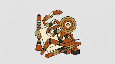 Flat illustration of a patterned snake, a boomerang, and a didgeridoo in earthy tones on a light gray background
