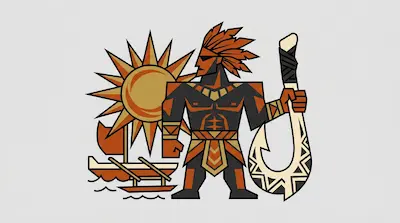 Flat illustration of a muscular Polynesian warrior holding a large fish hook beside a sun and an outrigger canoe