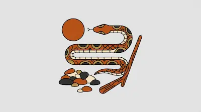 Flat illustration of a patterned orange snake near a sun, a wooden stick, and a pile of stones on a gray background