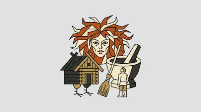 Flat illustration of a woman with wild hair, a hut with chicken legs, a broom, and a mortar and pestle on a gray background