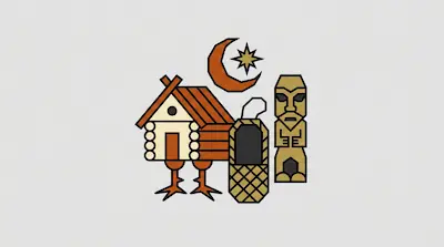 Flat illustration of a log cabin on chicken legs, a wooden idol, and a crescent moon with a star on a gray background