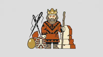 Flat illustration of a bearded king with a crown and staff, standing by a ribcage and golden egg on a gray background