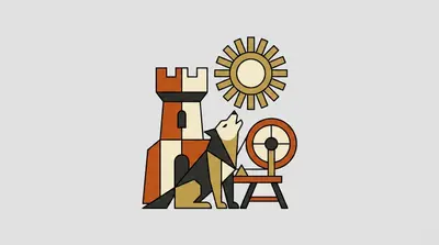 A howling wolf beside a fortress tower and a spinning wheel, with a sun disc above.