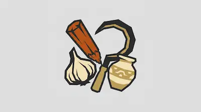 Flat illustration of a wooden stake, a curved sickle, a bulb of garlic, and a ceramic jar on a gray background