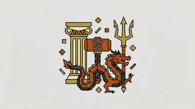 A fluted column, a hammer with a knotwork pattern, a trident, and a coiled dragon surrounded by small diamond shapes.