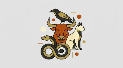 A bull head with curved horns, a black bird perched on top, a coiled snake, and a seated cat surrounded by small hexagonal shapes.