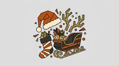 A red hat with white fur trim, golden reindeer antlers, a striped stocking stuffed with presents, and a sleigh full of gifts.