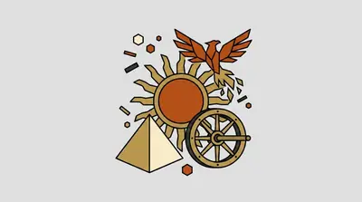 A sun disc with pointed rays, a bird with spread wings perched on top, a pyramid on the lower left, and a spoked wheel on the lower right.