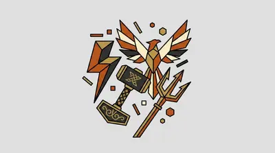 A bird with spread wings, a lightning bolt, a hammer with knotwork patterns, and a trident on a gray background.