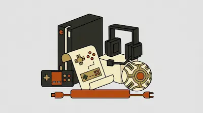 A minimalist arrangement of gaming equipment including a console, headset, controller, and a scroll with button diagrams.