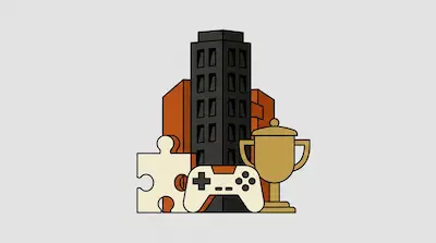 A tall black building stands behind a white puzzle piece, a game controller, and a gold trophy.