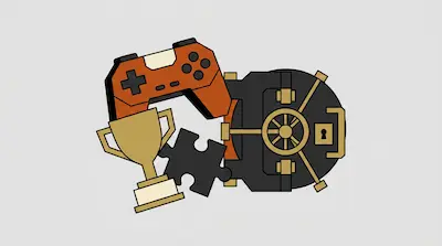 An orange game controller, a gold trophy, a black puzzle piece, and a vault door are clustered together.