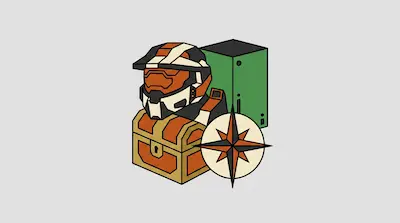An orange and white futuristic helmet, a green game console, a treasure chest, and a compass rose.