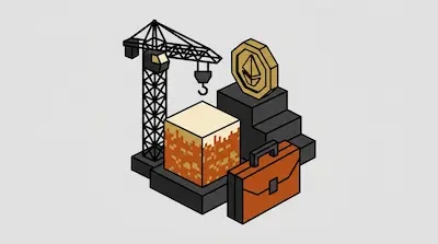 Isometric icons of a construction crane, a pixelated block, a gold Ethereum coin on steps, and a briefcase.