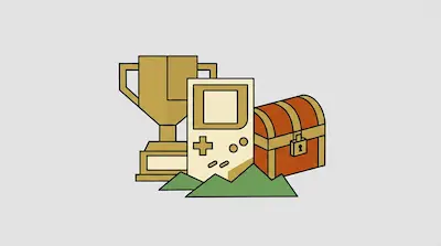A gold trophy, a handheld gaming console, and a treasure chest sit on green hills.