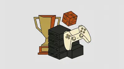 A gold trophy, a stack of black game consoles, a white controller, and a floating orange cube.