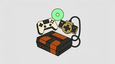 A black and orange video game console with two controllers and a green disc floating above it.