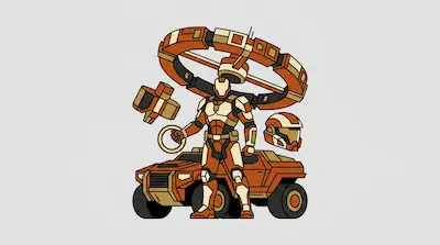 A futuristic soldier in orange and tan armor stands in front of an orange off-road vehicle, surrounded by floating equipment and a large ring structure.