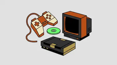 A retro gaming setup featuring an orange CRT television, a black console, a green disc, and a wired controller.