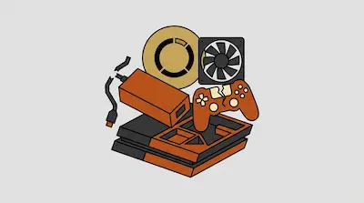 A pile of broken gaming components, including a cracked controller, a frayed power cable, a cooling fan, and a disassembled console.