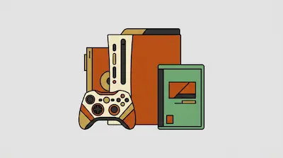 A stylized orange and cream video game console stands behind a matching controller and a green game case.