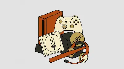 A collection of stylized gaming equipment including a console, controller, game case, disc, and headset.