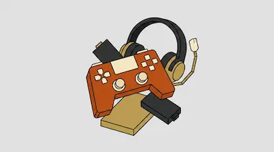 An orange game controller, black and gold headphones, and several rectangular blocks are clustered together on a light gray background.