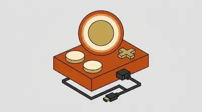 A stylized orange handheld gaming console with a circular screen and a black cable plugged into its side.