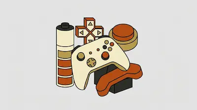 A game controller surrounded by a battery, a D-pad, and a large button in a stylized isometric design.