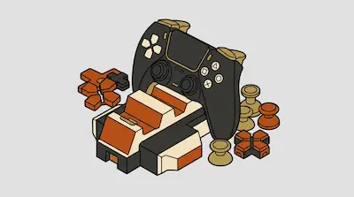 A black video game controller stands behind a collection of orange and gold controller parts, including thumbsticks and directional pads.