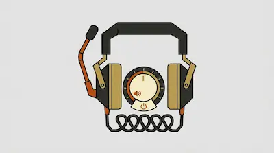 A stylized headset with a microphone and a large central dial featuring volume and power icons.