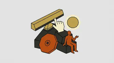 A large hand cursor points to a golden bar above an orange disc and a small orange figure sitting on dark blocks.