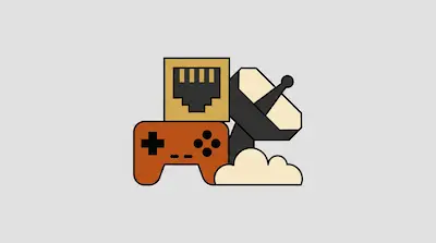 A collection of icons featuring an Ethernet port, a game controller, and a satellite dish on a cloud.