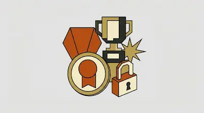 A trophy, a medal, a padlock, and a star-shaped burst in a stylized graphic style.