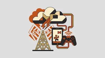 A cloud with lightning bolts, a radio tower, a smartphone displaying a pixelated character, and a game controller.