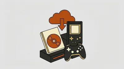 A collection of gaming icons including a cloud with a download arrow, a console, a game disc, a handheld device, and a controller.