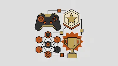 A game controller, a star badge, a trophy, and a geometric network of hexagons are connected by lines in a stylized illustration.