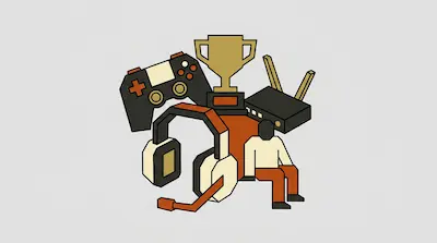 A game controller, a trophy, a router, a headset, and a small figure of a person sitting are grouped together.