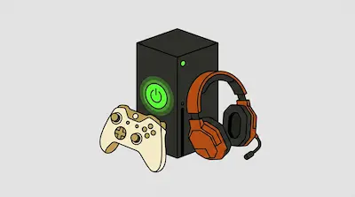A black gaming console with a glowing green power button, a cream-colored controller, and orange headphones.